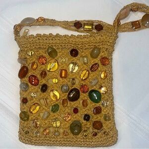 Crossbody‎ Bag Macrame Paper Faux Gemstones Blue Miami NWOT BOHO
